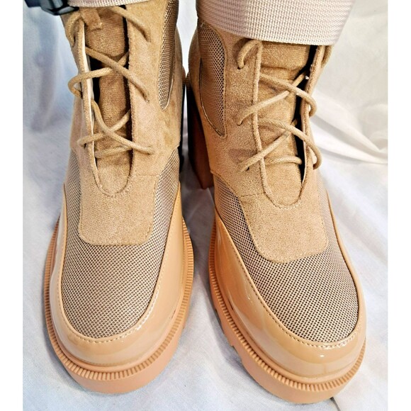 Vivianly Women's Suede Patent Leather Chunky Combat Boots Tactical Tan SIze 8 - Picture 7 of 13